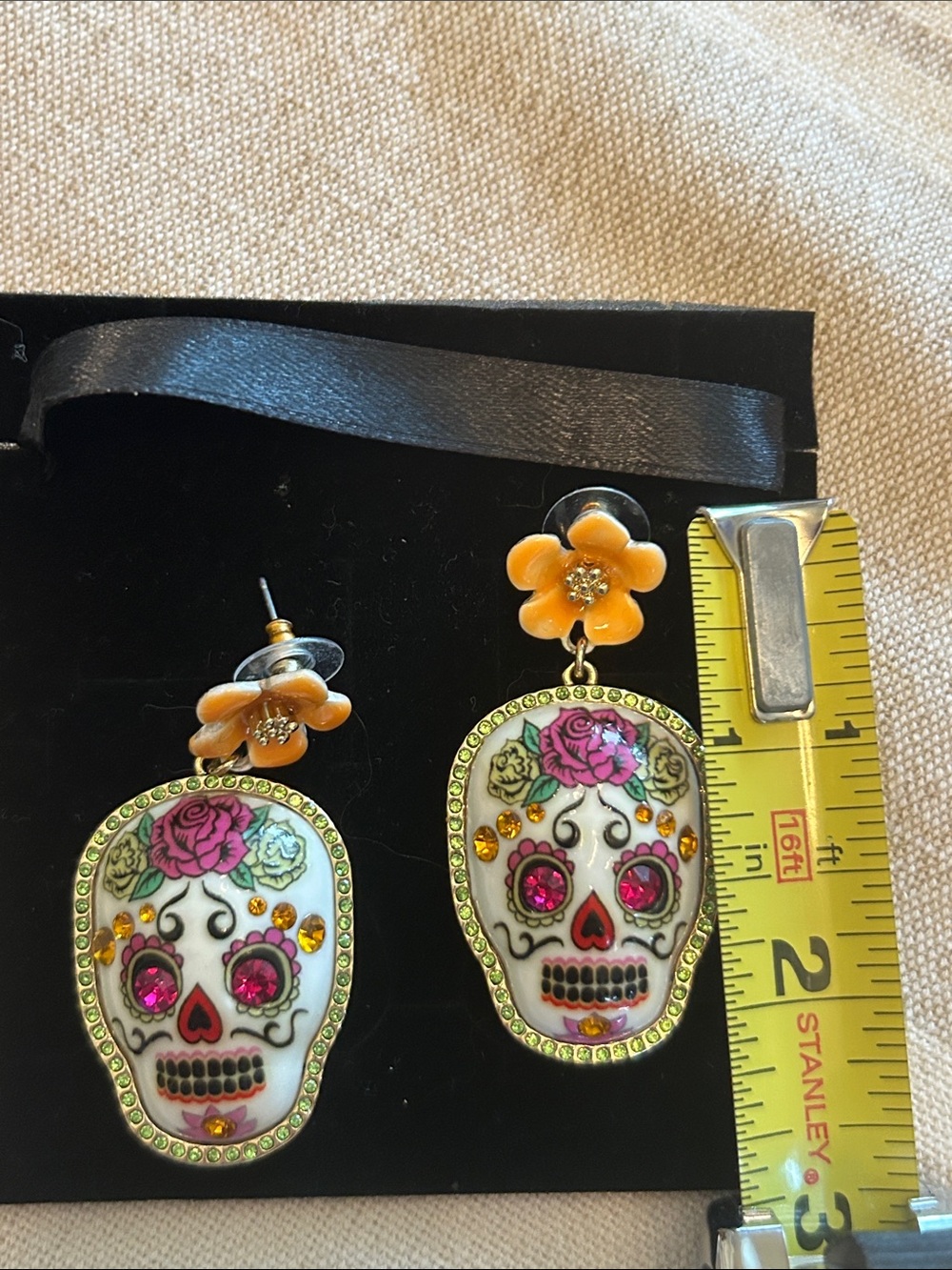 Betsey Johnson Orange Flower Sugar Skull Dangle Earrings - Picture 5 of 5